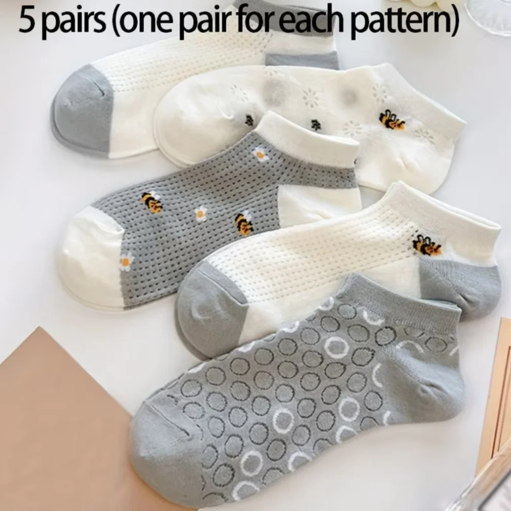 5 Pairs Bee & Floral Socks, Simple Japanese Style Low Cut Ankle Socks